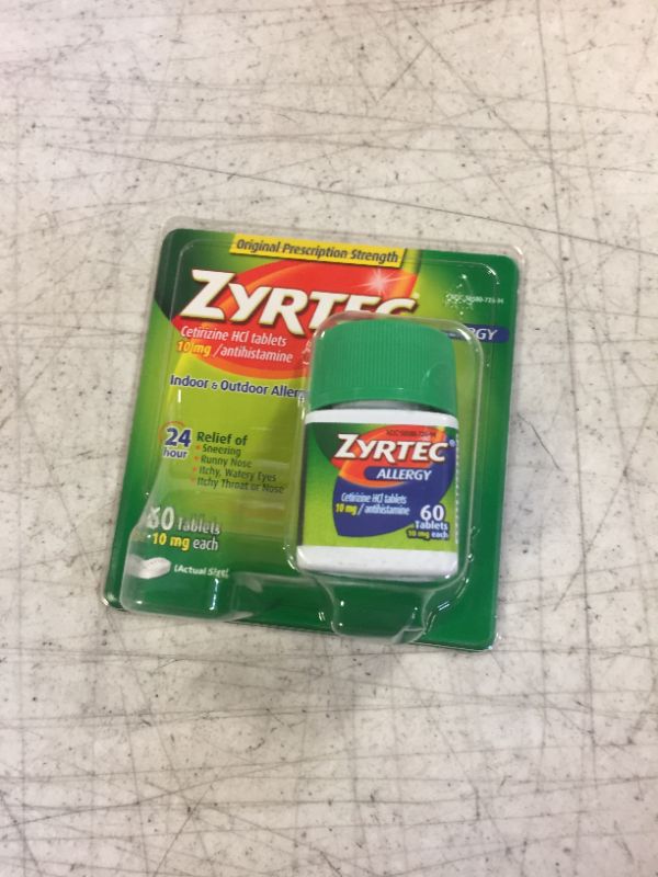 Photo 2 of Zyrtec 24 Hour Allergy Relief Tablets, Indoor & Outdoor Allergy Medicine with 10 mg Cetirizine HCl per Antihistamine Tablet, Relief from Runny Nose, Sneezing, Itchy Eyes & More, 60 ct- 04/2026