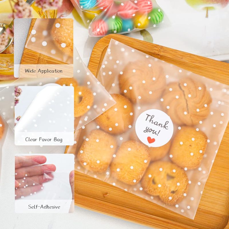 Photo 1 of 200Pcs Self Adhesive Cookie Bags Cellophane Treat Bags, Nistar Christmas Treat Bags 5.5"x5.5" White Polka Dot Plastic Pastry Bags with Thank You Labels for Christmas Party Gift Giving Bakery Candy
