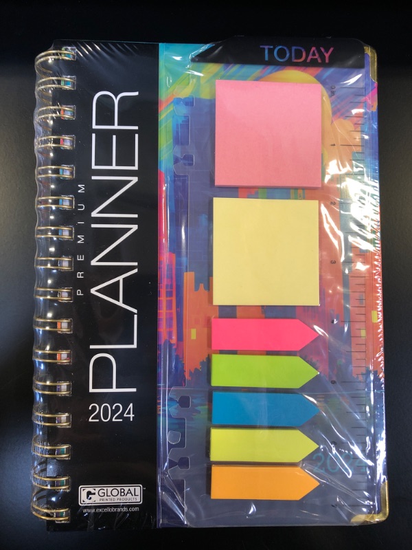 Photo 2 of HARDCOVER 2024 Planner: (November 2023 Through December 2024) 5.5"x8" Daily Weekly Monthly Planner Yearly Agenda. Bookmark, Pocket Folder and Sticky Note Set (Rainbow Cityscape) MEDIUM: 5.5" x 8"