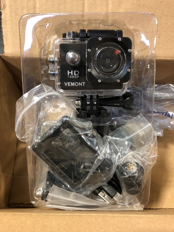 Photo 1 of VEMONT Action Camera, 1080P 12MP Sports Camera Full HD 2.0 Inch Action Cam 30m/98ft Underwater Waterproof Snorkel surf Camera with Wide-Angle Lens and Mounting Accessories Kit Black