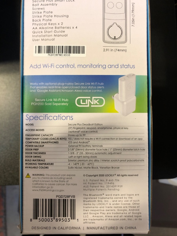 Photo 5 of ++++FACTORY SEALED++++ Lockly Secure Plus Keyless Entry Door Lock Smart Locks for Front Door App Control 3D Biometric Fingerprint Sensor Digital Keypad Smart Lock Dead
