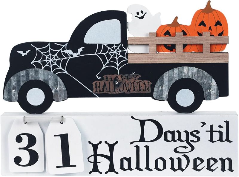 Photo 1 of -FACTORY SEALED- MEETYAMOR Halloween Decorations Indoor, Wooden Halloween Countdown Calendar Truck with Spider Web Design and Ghosts Pumpkin, Perfect Days'til Halloween Indoor Decoration for Home, Table, Mantel 2 PACK 
