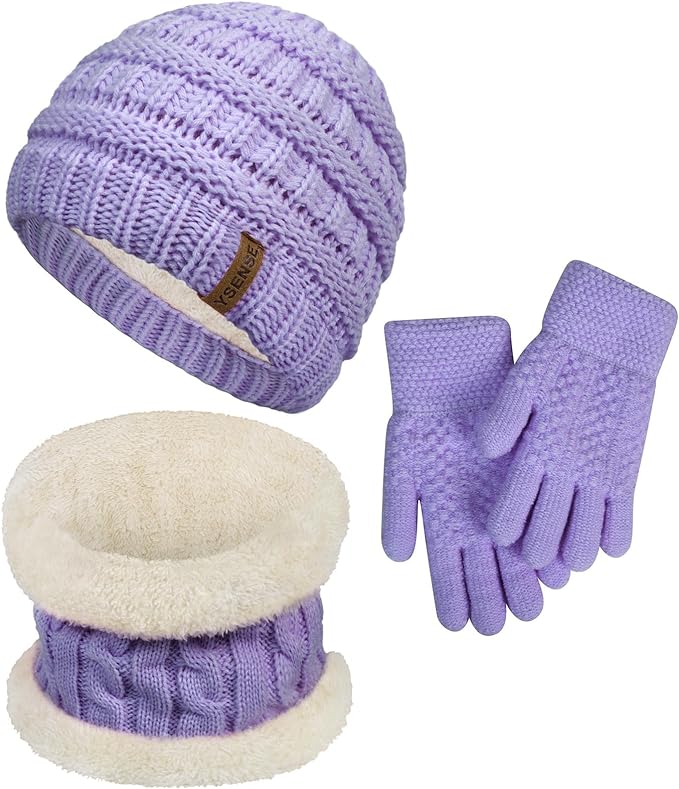 Photo 1 of 3 Pcs Kids Winter Beanie Hat Scarf Gloves Set Thick Knit Warm Fleece Lined Beanie Caps Mittens for Boys Girls Gifts A-purple