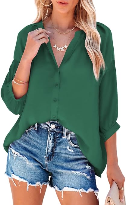 Photo 1 of Dokotoo Womens Casual V Neck 3/4 Sleeve Button Down Shirts Solid Satin Blouse Topsmall Green