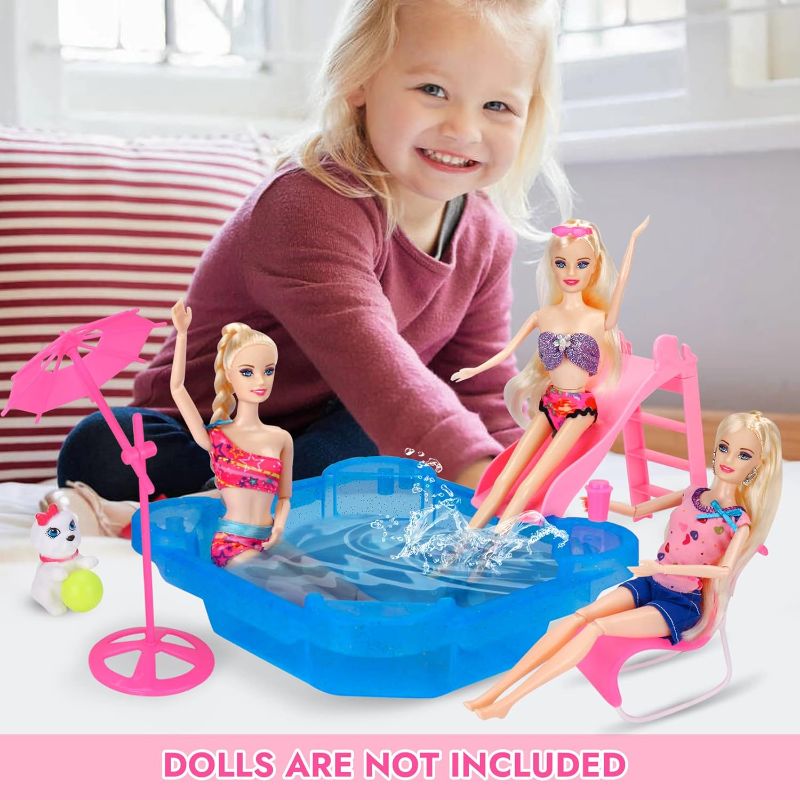 Photo 1 of BETTINA Pool Playset - Glam Pool with Slide, Doll Pool Accessories Includes Beach Chair, Beach Umbrella, Dog, Swimming Pool Set for 12 Inch Dolls, Bath Toys for Dolls
