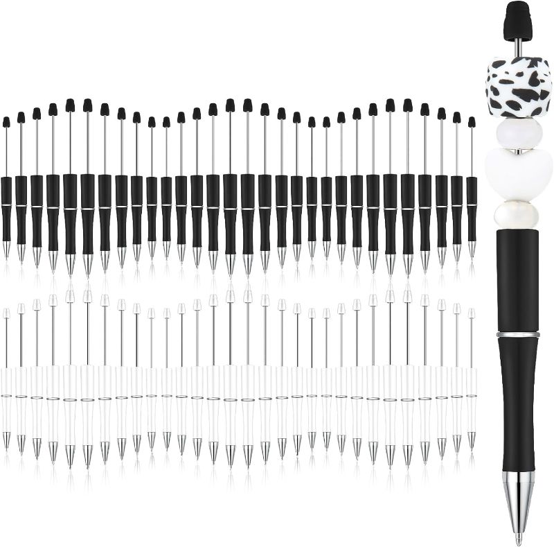 Photo 1 of 50 Pieces Plastic Beadable Pen Bead Ballpoint Pen Black Ink Beaded Pens for Kids Students Presents Office School Supplies (Black, White,Simple)
