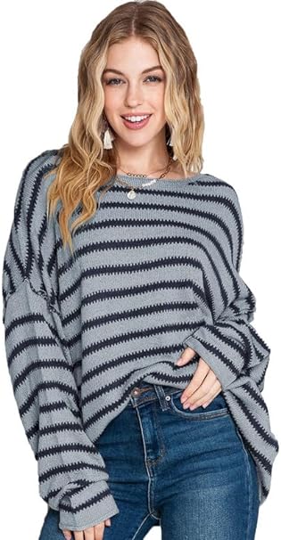 Photo 1 of Dokotoo Womens 2023 Fall Winter Crewneck Long Sleeve Striped Sweater Loose Fit Casual Pullovers Knit Tops
