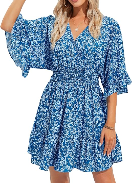 Photo 1 of Aoysky Womens Summer Florla Dress Loose Casual Short Flare Sleeve Beach Mini Dress
size large
