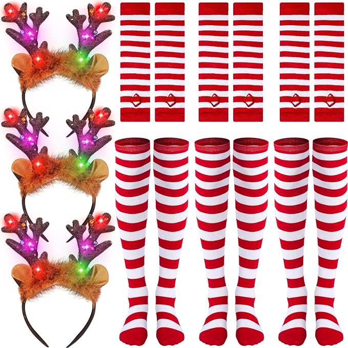 Photo 1 of 9 Pack Light up Christmas Reindeer Headband over Knee Striped Socks and Long Arm Warm Gloves for Christmas Adult Women Boys Girls Party Supplies
