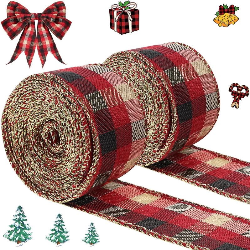 Photo 1 of 2 Rolls 20 Yards Christmas Ribbon Wired Buffalo Plaid Wired Ribbon Burlap Wired Edge Ribbons Red Gold Black and White Gingham Ribbon for Christmas DIY Craft Bows (1.5 Inch)
