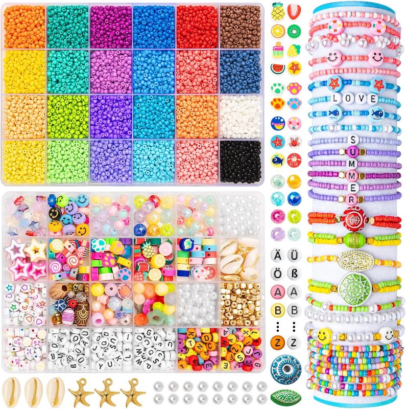 Photo 1 of Eleanore's Diary 14000PCS Beads for Bracelets Making Kit, 24 Colors 3-4mm Glass Pony Beads, Charm Beads Letter Beads for DIY Friendship Jewelry Necklaces Rings Making, Birthday Gifts for Women Girls
