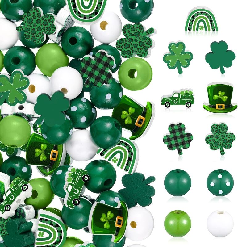 Photo 1 of 200 Pieces St. Patrick's Day Wood Beads Green Wood Spacer Beads Farmhouse Polished Round Beads St. Patrick's Day Wooden Craft Beads for DIY Crafts Garland Home Party Decor Ornaments (Shamrocks Style)
