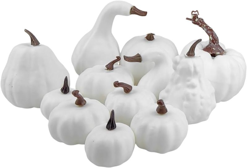 Photo 1 of 12PCS Artificial White Pumpkins for Decorating, Fall Decor Fake Plastic Foam Pumpkins Decorations for Harvest Festival Thanksgiving Halloween, Pumpkin Decor For Home Fall Autumn Table Wedding Party
