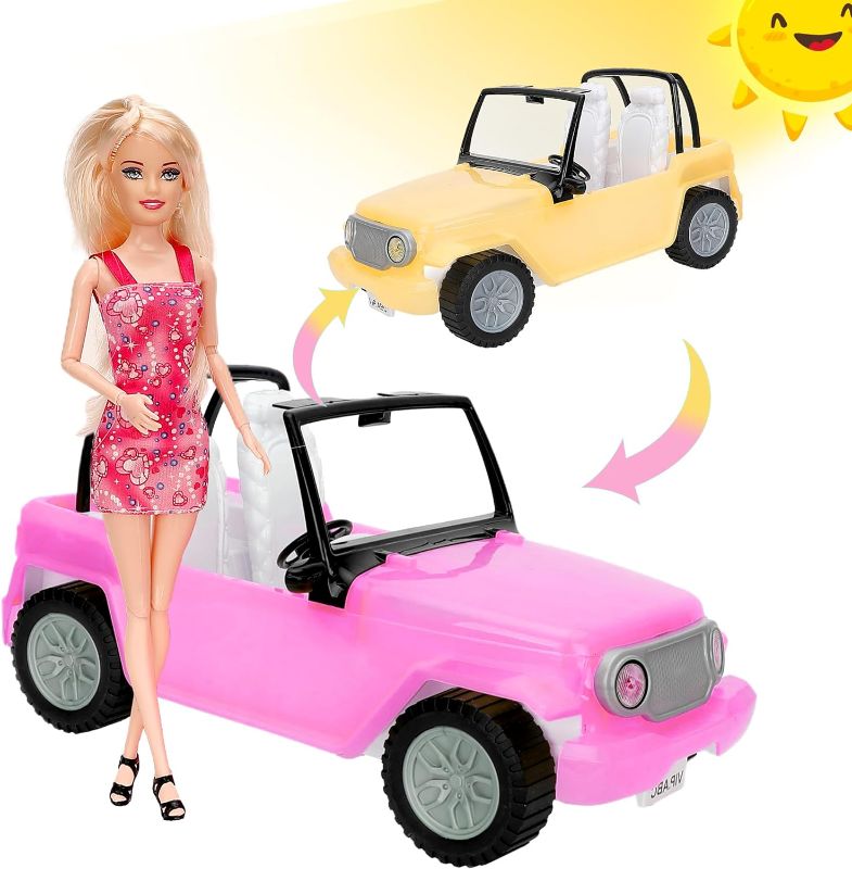 Photo 1 of Fashion Car for Dolls, Sunlight Changes Color Off Road Doll Vehicle with Working Seat Belts Yellow Color Changing Pink Kids Toy Cars Ideal Gift for Girls Boys Increase Children's Fun
