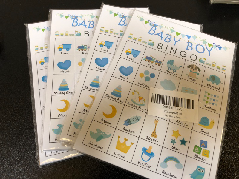 Photo 2 of Baby Boys Bingo Game for Baby Shower Games, Gender Reveal Party Supplies, Blue Baby Shower Game, Kids Bingo Game Cards for 24 People - GAME-01 4PACK