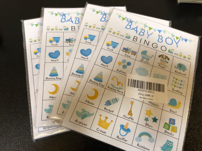 Photo 2 of Baby Boys Bingo Game for Baby Shower Games, Gender Reveal Party Supplies, Blue Baby Shower Game, Kids Bingo Game Cards for 24 People - GAME-01 4PACK 