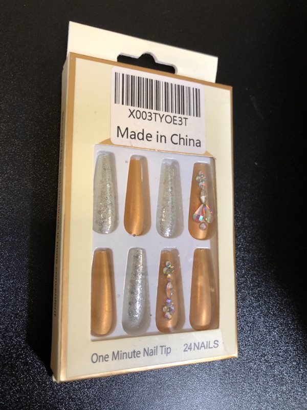 Photo 1 of 24Pcs Coffin Press on Nails Long Fake Nails Full Cover Golden Color Glitter False Nails French& Artificial Rhinestones Glue on Nails for Women Nail Decorations 3 Golden Color