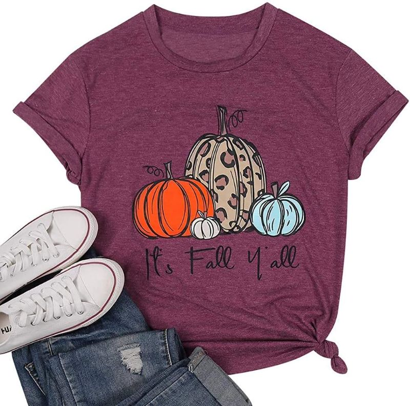 Photo 1 of Halloween It's Fall Y'all Letter T Shirt Women Cartoon Pumpkin Graphic Spice Tee Tops
