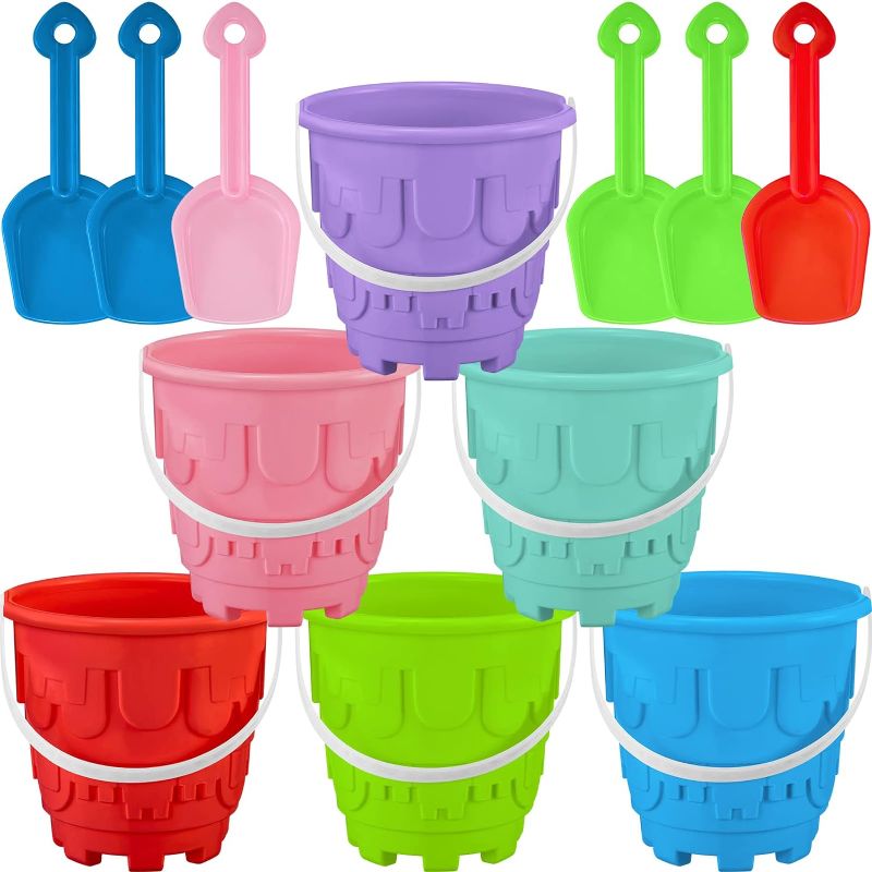 Photo 1 of 6 Pack 7 inch Sand Buckets and Shovels Beach Pails Sand Buckets Castle Model Sand Bucket and Sand Shovels Set Beach Sand Toys Use for Sand Mould at The Sandbox B09NRJ584Y
