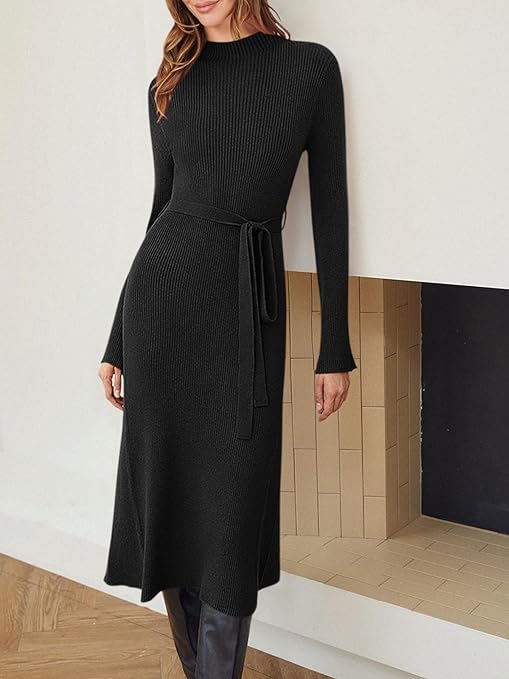 Photo 1 of Caracilia Women's Bell Long Sleeve Sweater Dress Turtleneck A Line Bodycon Ribbed Knit Pullover Midi Dresses with Belt
small