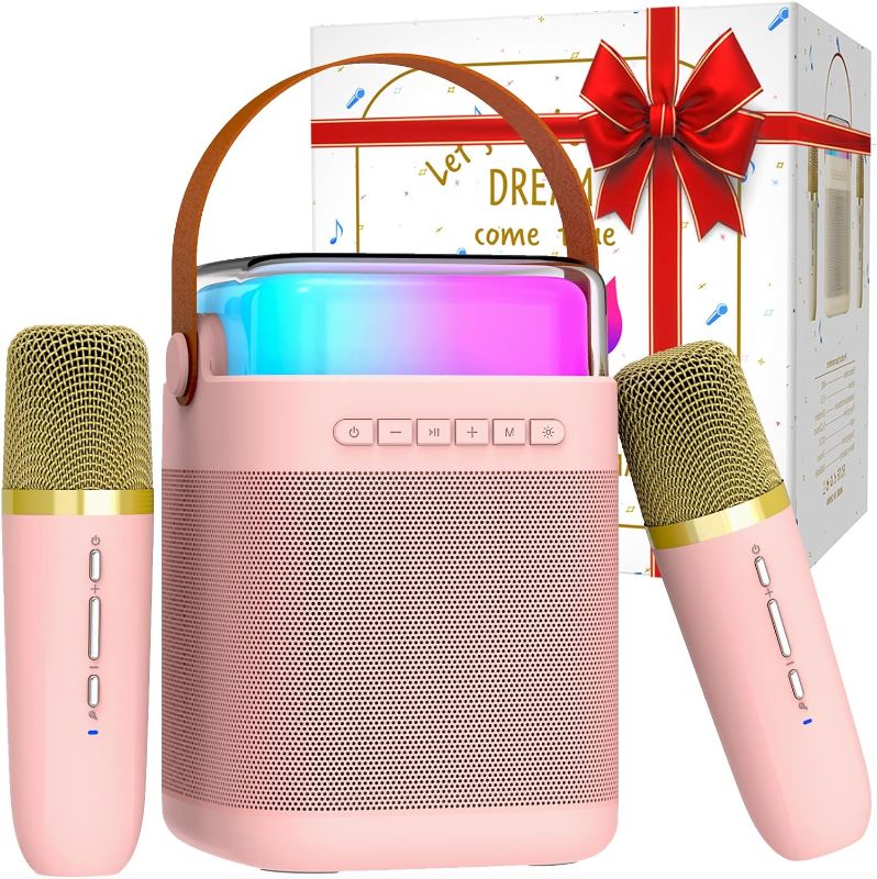 Photo 1 of Karaoke Machine for Girls, Karaoke Machine for Kids, Microphone for Kids, Portable Bluetooth Speaker with 2 Wireless Microphones with LED Light,Gift for Girls Boys,Supports TF Card/USB, AUX in(Pink)
