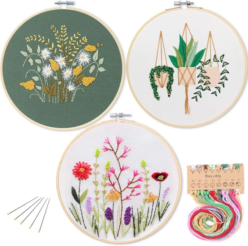 Photo 1 of 3 Pack Embroidery Starter Kit with Pattern,Kissbuty Full Range of Stamped Embroidery Kits with 3 Pcs Embroidery Fabric with Pattern,1 Pc Bamboo Embroidery Hoop,Color Threads Tools Kit (Plants Flowers)
