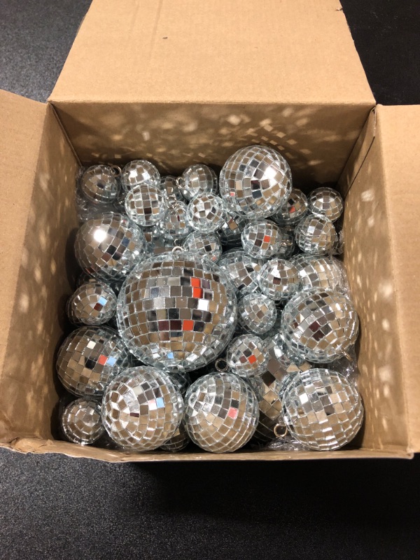Photo 1 of 50 Pcs Disco Balls Ornaments Mini Disco Balls Silver Hanging Decorations Reflective Mirror Ball Cake Decoration 70s Disco Party Supplies for Christmas Festive (1.2 Inch, 2 Inch, 3.2 Inch, 4 Inch)