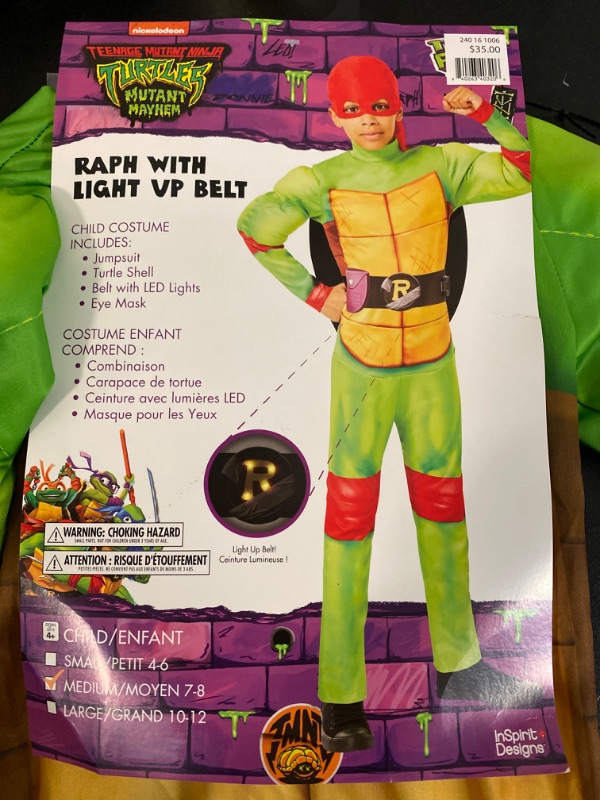 Photo 2 of Kids' Teenage Mutant Ninja Turtles Mutant Mayhem Raphael Halloween Costume Jumpsuit with Light Up Belt