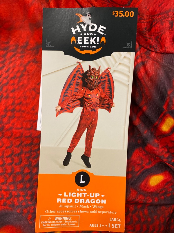 Photo 2 of Large Kids' Light Up Red Dragon Halloween Costume Jumpsuit with Mask and Wings 
