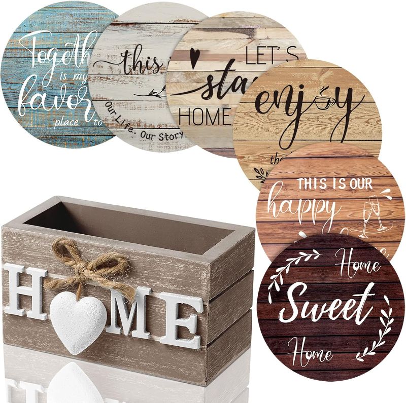 Photo 1 of Housewarming Gifts for Home Decoration Wooden Heart Coasters for Drinks Set of 6 Farmhouse Coasters with Holder Funny for Family Friend Coffee Table Protection, 4 Inch (Brown, Multicolored)
