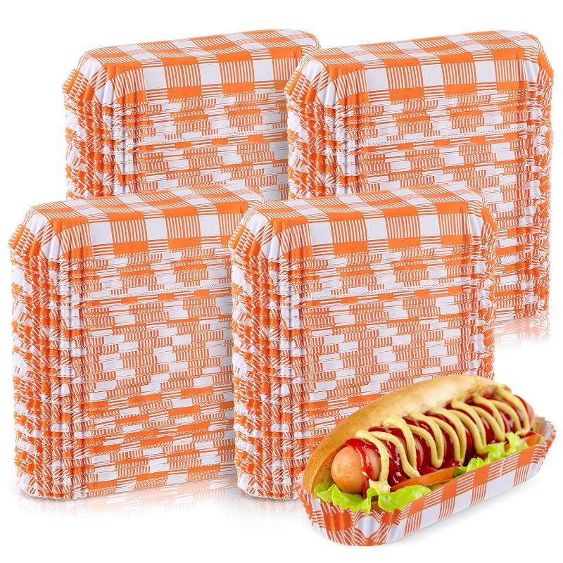 Photo 1 of 300 Pcs Paper Hot Dog Trays 6 Inch Paper Food Trays Concession Stand Supplies Disposable Hot Dog Holder Paper Hotdog Boats Rectangular Fluted Paper Hot Dog Liners for Takeout Food (Plaid Style)

