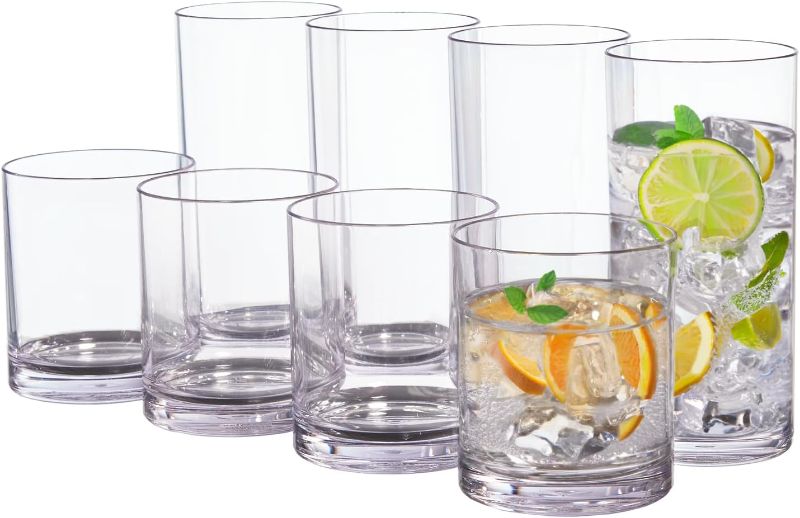 Photo 1 of US Acrylic Classic Clear Plastic Reusable Drinking Glasses (Set of 8) 12oz Rocks & 16oz Water Cups | BPA-Free Tumblers, Made in USA | Top-Rack Dishwasher Safe
