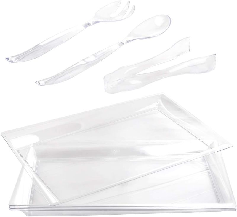 Photo 1 of WELLIFE 24 Pack Plastic Serving Trays with Disposable Utensils, 6 Asymmetric Rectangle Platters 15”x 10”, 6 Serving Spoons 10”, 6 Serving Forks 10”, 6 Serving Tongs 6.3”, Perfect for Buffet
