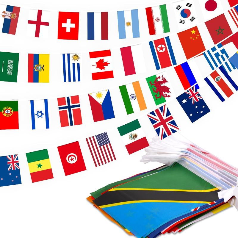 Photo 1 of 200 Countries String Flag, 184 ft International Flags Bunting Banner, World Flag Banner Decoration for School, Sports Events, Grand Opening, Party
