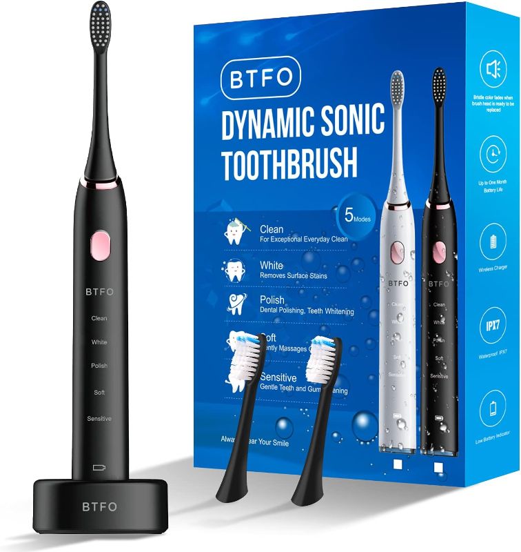 Photo 1 of BTFO Sonic Electric Toothbrush with 5 Modes, 2pcs Replacement Brush Heads USB Rechargeable Smart Electronic Toothbrush with Holder for Adults IPX7 Waterproof Timing Fast Charging (Black, 1741-01)
