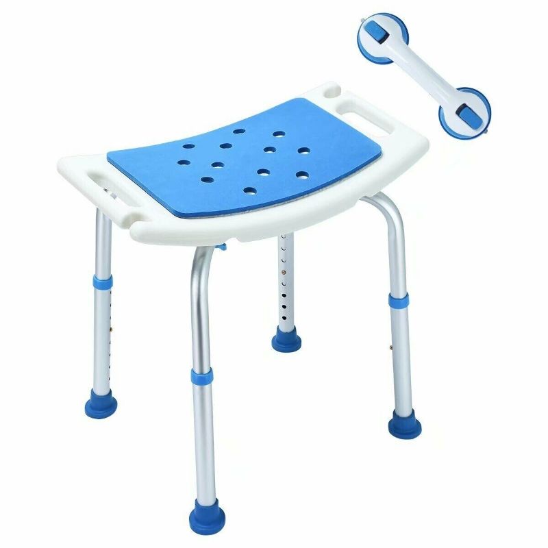 Photo 1 of NEW HEALTHLINE Eva Padded Shower Stool with Suction Grab Bar, White/Blue, in box
