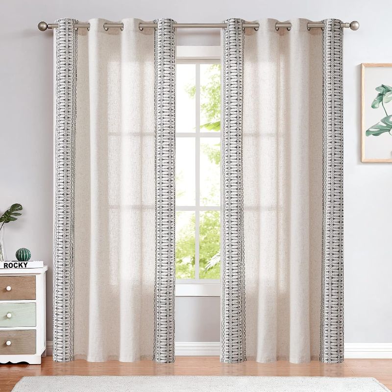 Photo 1 of jinchan Boho Curtains Embroidered Window Curtains for Bedroom Linen Blend Curtains Geometry Grommet Bohemian Window Treatment Set for Living Room 96 Inches Long 2 Panels Black on Beige