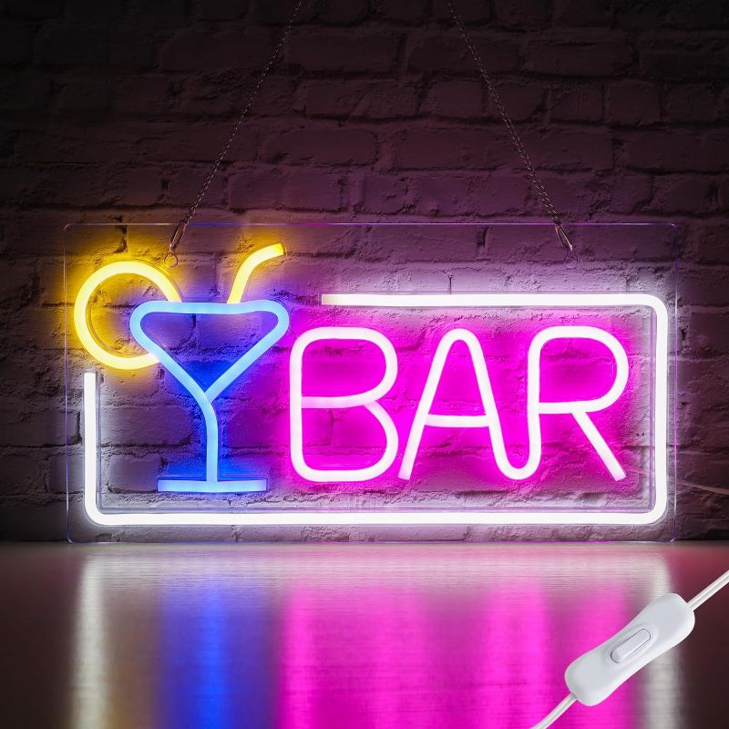 Photo 1 of XIYUNTE Neon Bar Signs, Premium Acrylic Bar Neon Signs for Wall Decor, Bright LED Bar Sign with Metal Chain, USB Powered Bar Neon Lights with Switch, Bar Signs for Home Bar, Bistro, Party, Club, Door
