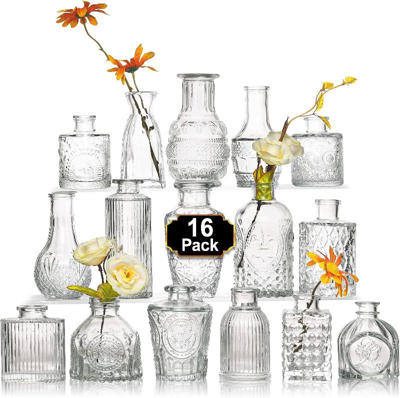 Photo 1 of Arme 16Pcs Glass Bud Vase Set?Small Flower Vase for Centerpieces?Clear Bud Vases in Bulk? Mini Vintage Vase for Rustic Wedding Decorations
