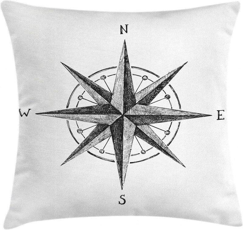 Photo 1 of Ambesonne Compass Throw Pillow Cushion Cover, Seamanship Hand Drawn Windrose with Complete Directions North South West, Decorative Square Accent Pillow Case, 16" X 16", Charcoal White
