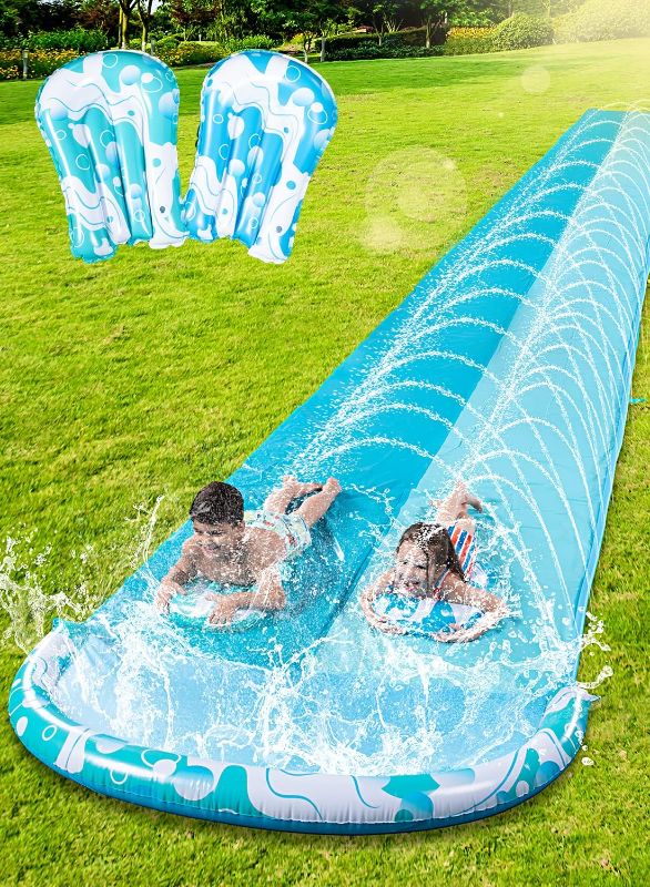 Photo 1 of Sloosh 22.5ft Double Water Slide, Heavy Duty Lawn Water Slide with Sprinkler and 2 Slip Inflatable Boards for Summer Yard Lawn Outdoor Water Play Activities,Light Blue