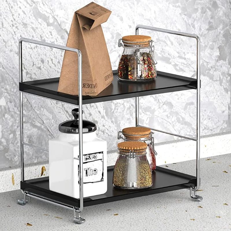 Photo 1 of Plastic/Metal Freestanding Stackable Organizer Shelf,Bathroom Countertop Storage Shelf Cosmetic Organizer Holder Kitchen Spice Rack,2-Tier Standing Rack (Silver & Black)