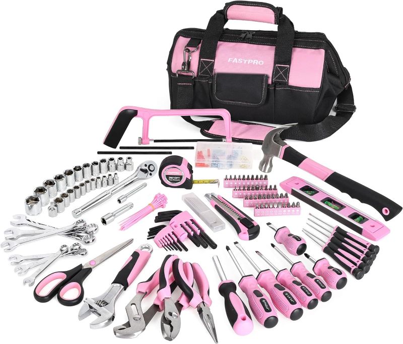 Photo 1 of FASTPRO 267-Piece Pink Tool Set, Home Repairing Tool Kit with 13-Inch Wide Mouth Open Tool Bag, Mechanics Hand Tool Kit for DIY, Home Maintenance