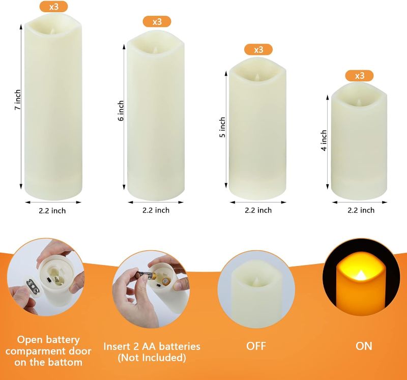 Photo 2 of crowm Flickering Flameless Candles with Remote, Battery Operated Timer LED Votive Candles, Outdoor Waterproof Pillar Ivory Candles Light for Christmas Halloween Decor - Set of 12