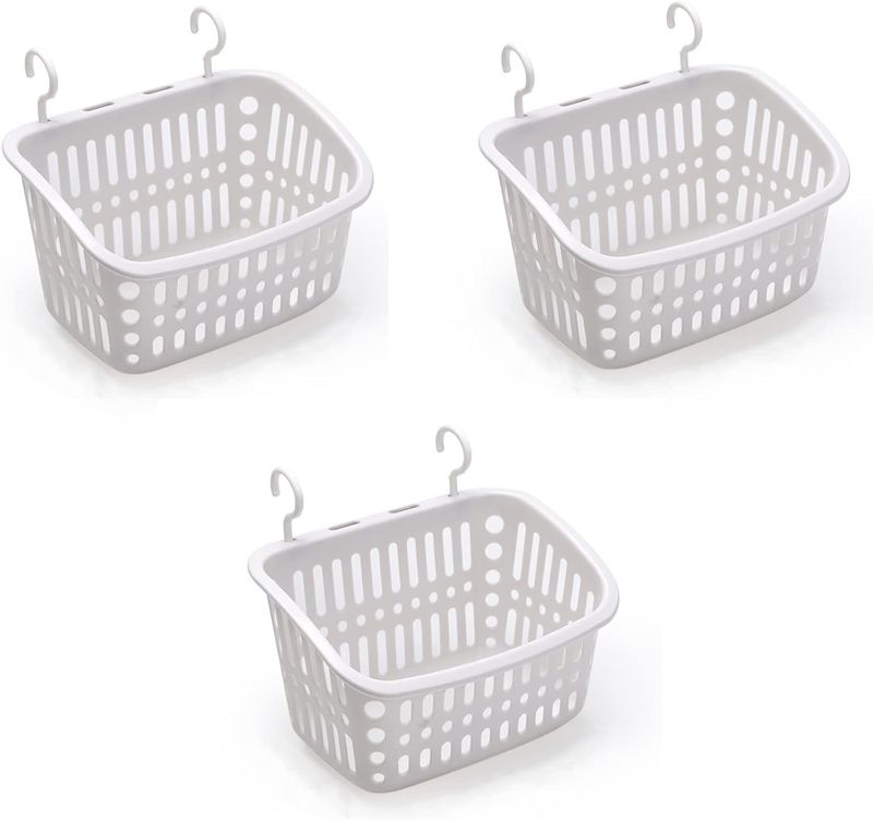 Photo 1 of Doitxue 3PCS Plastic Hanging Baskets for Shower, Hanging Basket Organizer with Hooks, Rectangle 8.5Inches Small Hanging Storage Basket (Grey)