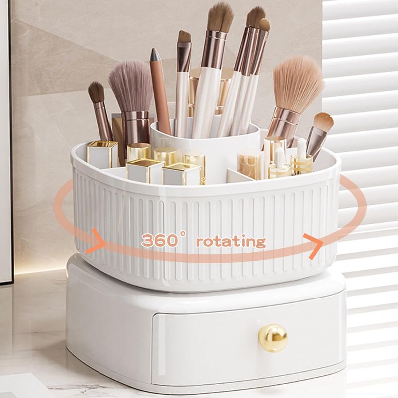 Photo 1 of 
360° Rotating Makeup Brush Holder with Drawer, Makeup Organizer Countertop, Makeup organization Skincare Storage for Vanity Desktop Bathroom (White)