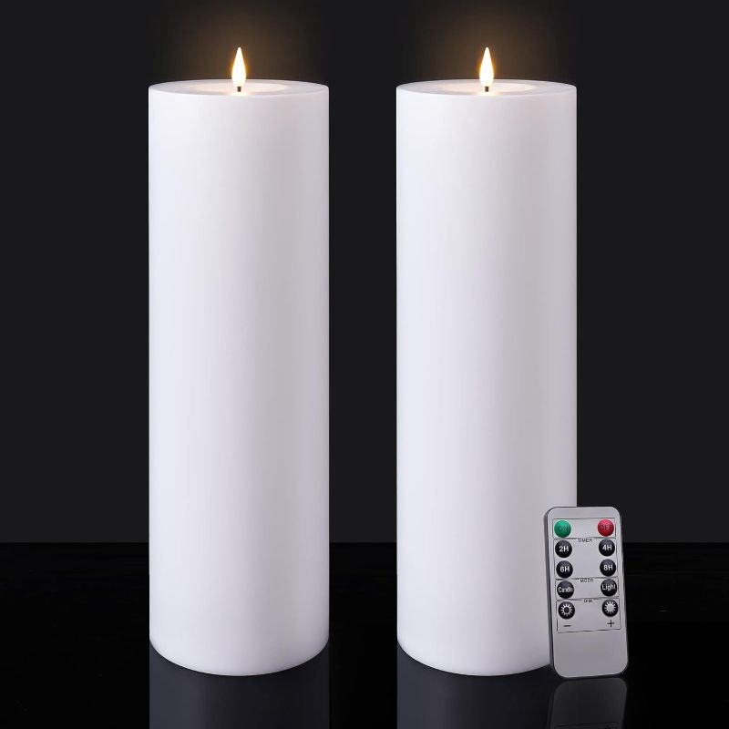 Photo 1 of Large Flameless LED Candles Outdoor: 12" x 4" Battery Operated Pillar Candles Flickering with Timer Waterproof Fake Electric Candles with Remote for Patio Porch Lanterns (White Set of 2)