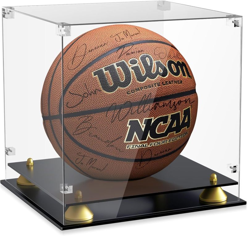 Photo 1 of KKU Acrylic Basketball Display Case, Clear Full Size Basketball Case Display, Double Tier Black Basketball Display Stand for Autographed Basketball Display (Watch The Video to Assemble)