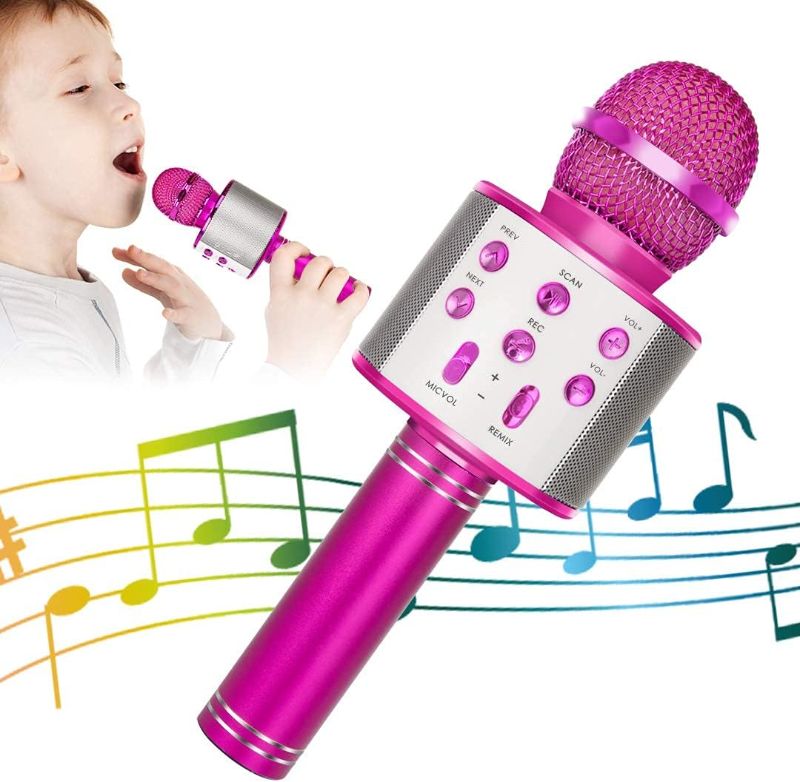 Photo 1 of Wireless Bluetooth Karaoke Microphone for Kids, 5-in-1 Portable Handheld Karaoke Mic Speaker Player Recorder with Adjustable Remix FM Radio for Kids Girls Boys Teens Birthday-Hot Pink