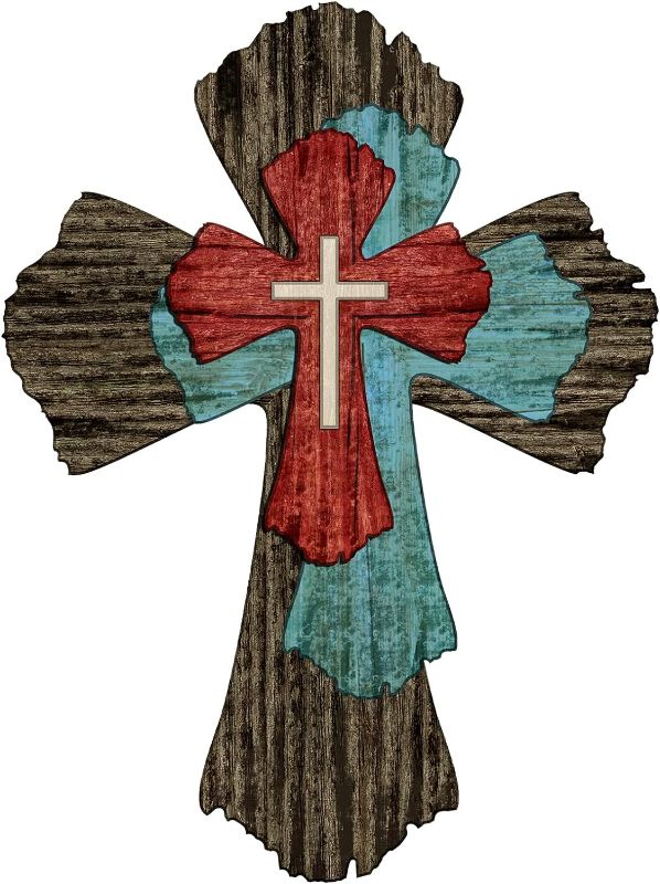 Photo 1 of Blulu Wall Cross Farmhouse Hanging Wooden Decorative Wall Cross Rustic Cross Wall Decor Spiritual Art Sculpture for Home Religious Easter Indoor Outdoor